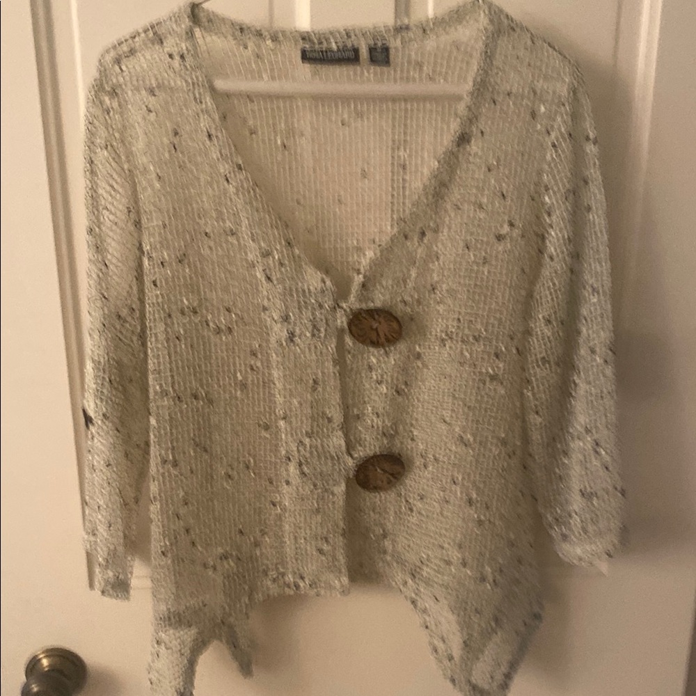 Nina Leonard Cream Open-Knit Asymmetrical Cardigan.